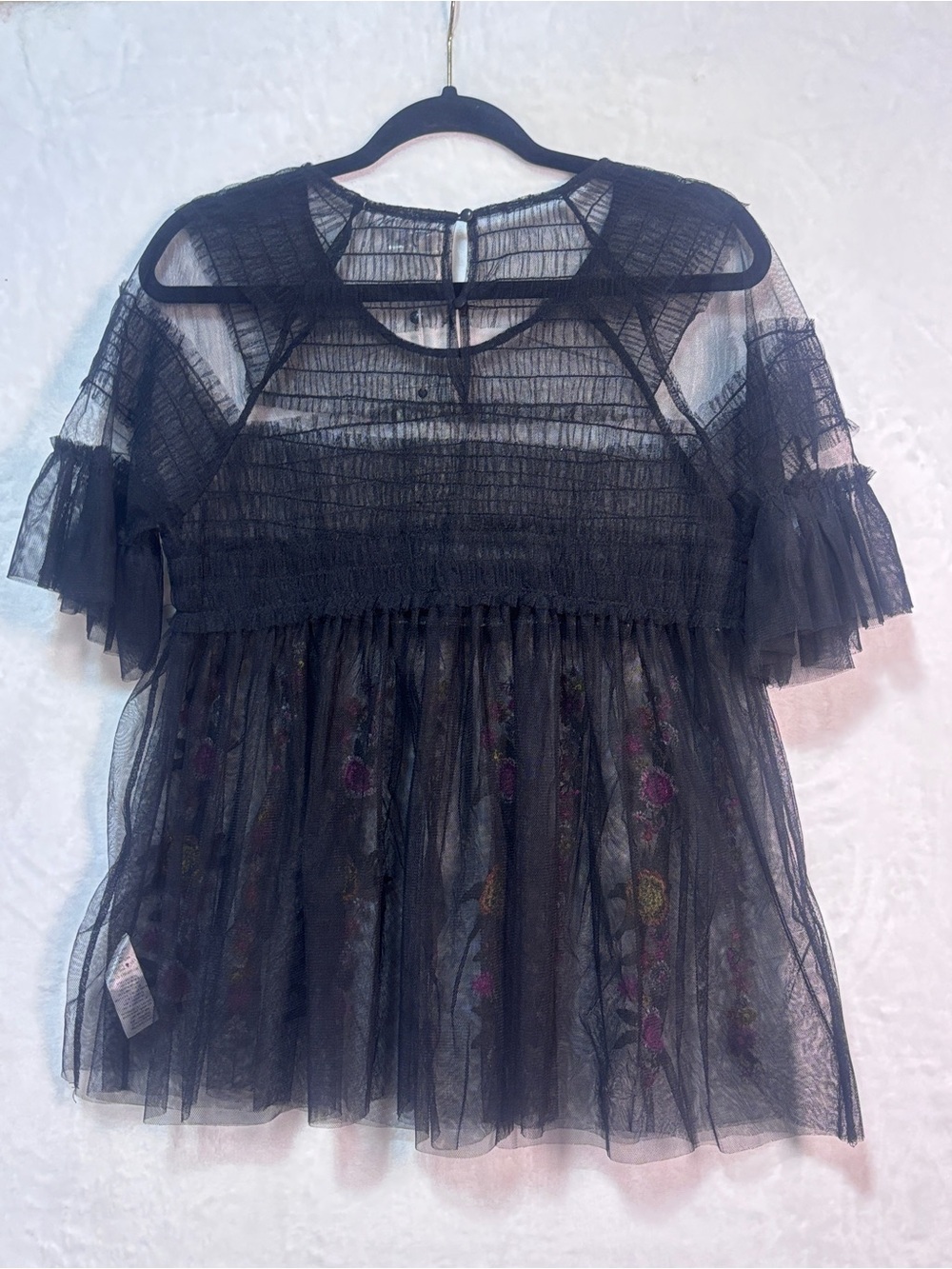 Lulumari black mesh tulle top ruffled short sleeves floral embroidery Sz Large - Picture 4 of 8